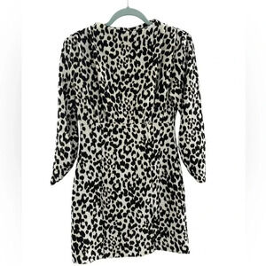 Zara Leopard Long Sleeve Mini Dress With Shoulder Pads Keyhole Back Size XS